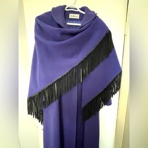 Raffinati vintage wool long jacket with black fringed accent cape